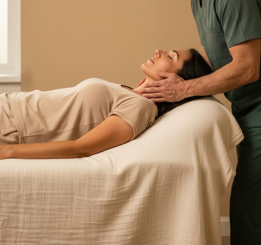 Mani che trattano con delicatezza una donna adulta durante una seduta di osteopatia Counterstrain