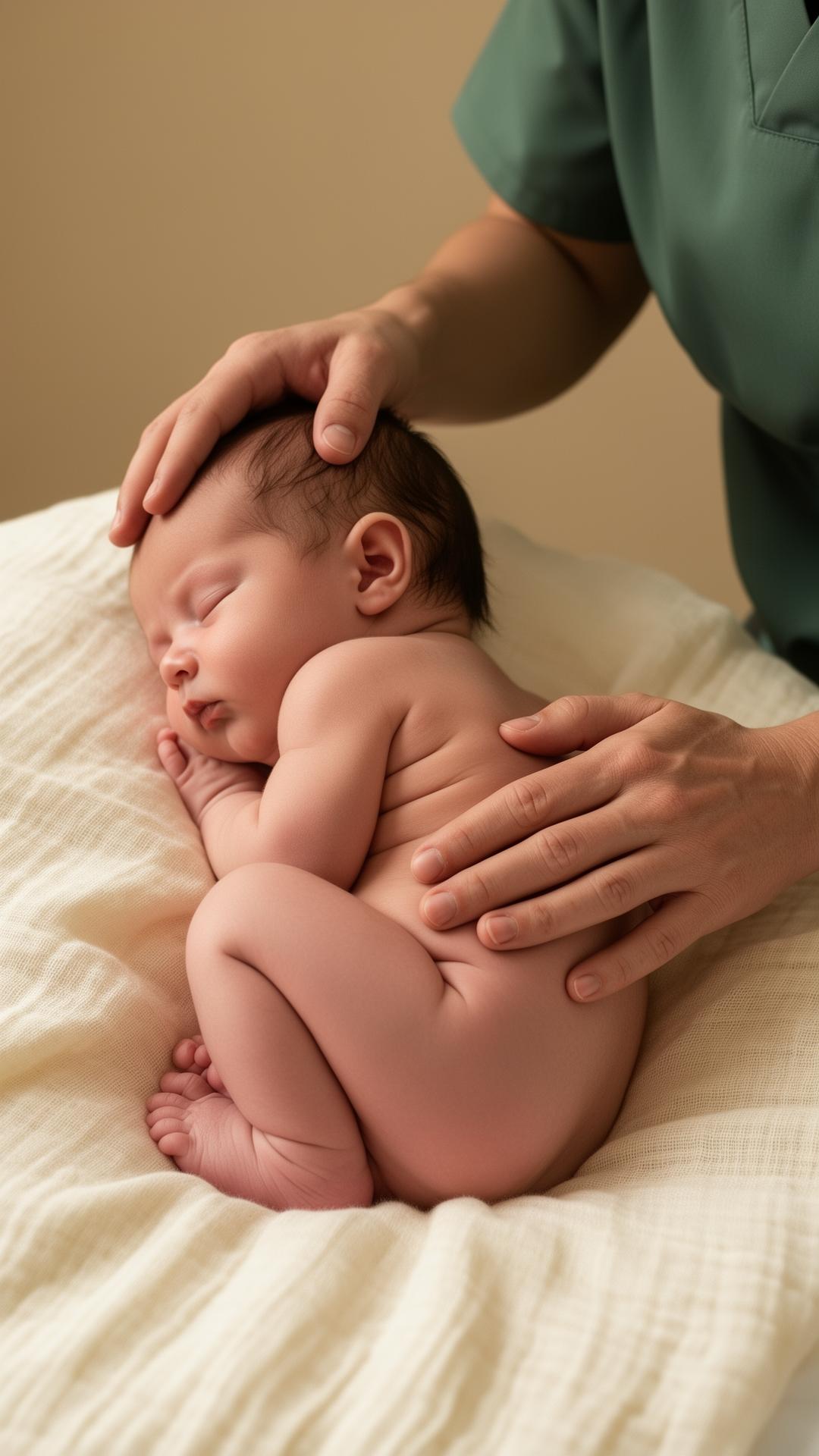 Mani che trattano dolcemente un neonato in posizione fetale durante una seduta di osteopatia pediatrica